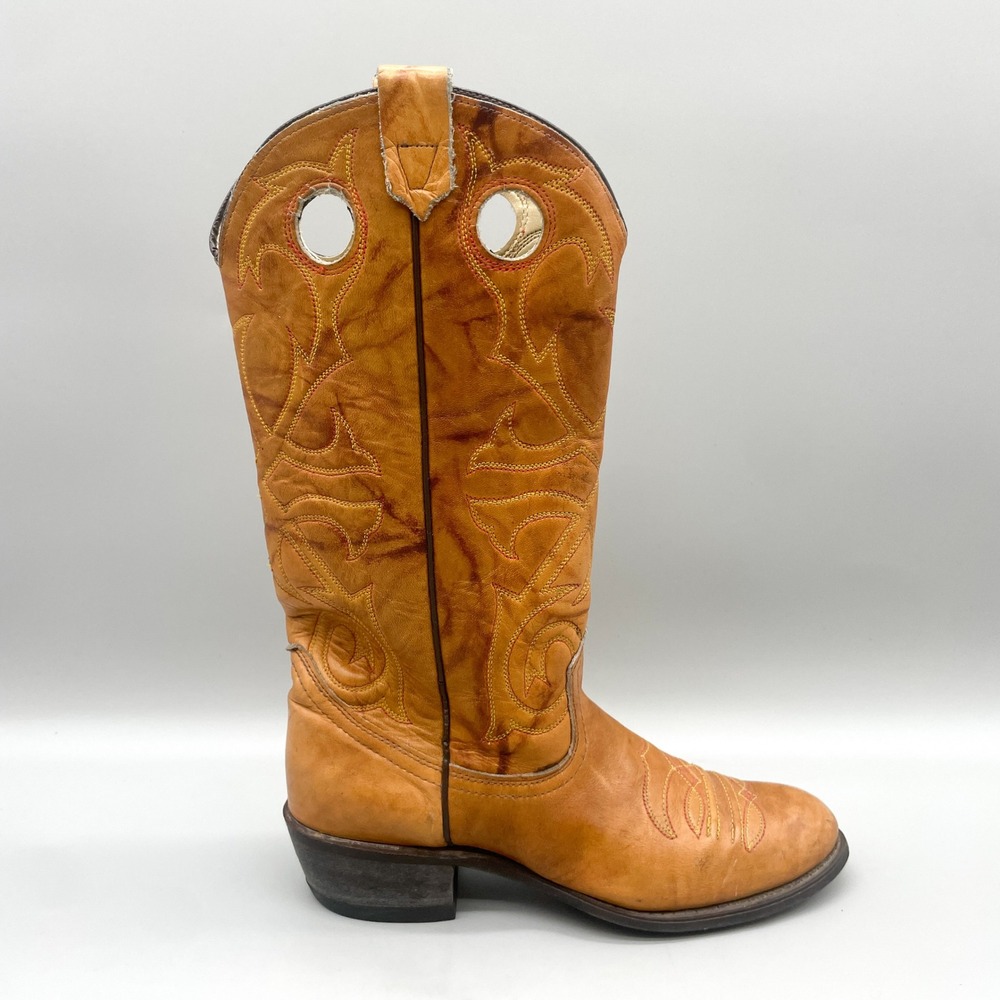 Texas Brand Womens 8N Western Cowboy Boots Tan Leather VTG Americana Boho Rustic